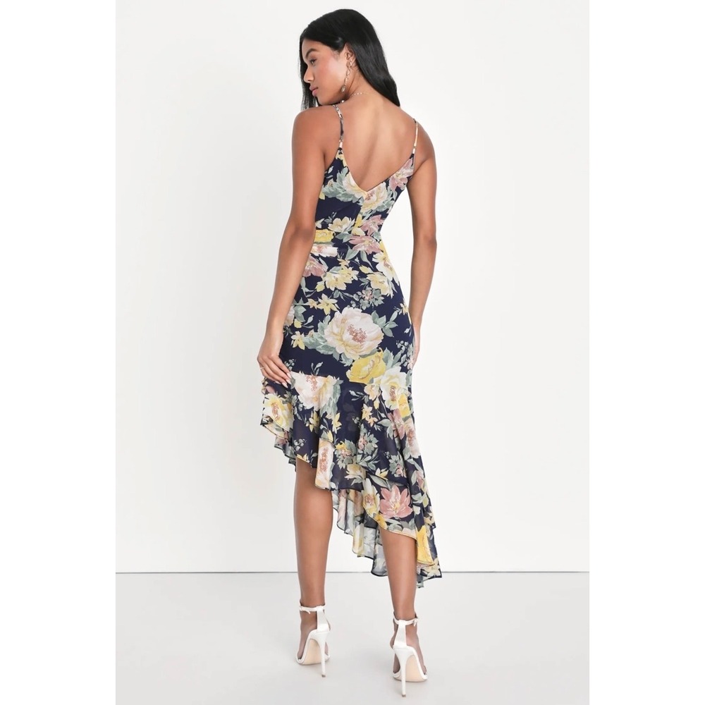 Lulus Floral High-Low Midi Dress Surplice Ruffle, Womens Large Navy Blue - Picture 2 of 11